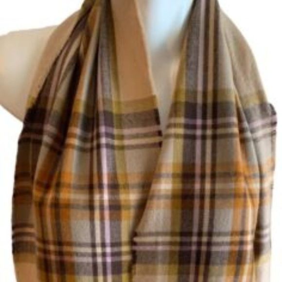 Echo/Winter Rectangle Scarf Fringe/Beige Pink Gold Plaid/10" x 66"/4" Fringe - Picture 2 of 5